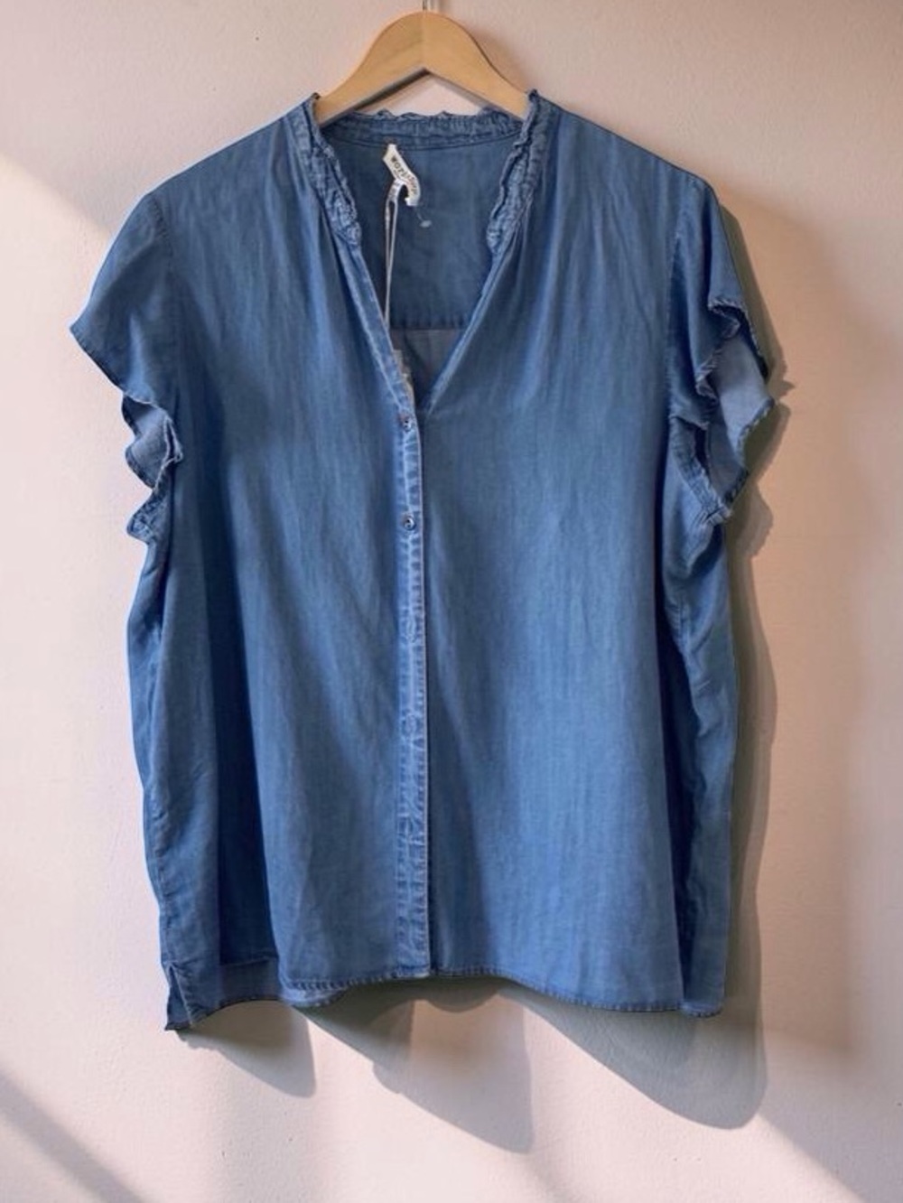 Workshop Republic Clothing Blue Lyocell Ruffle Sleeve Button Top NWT XL